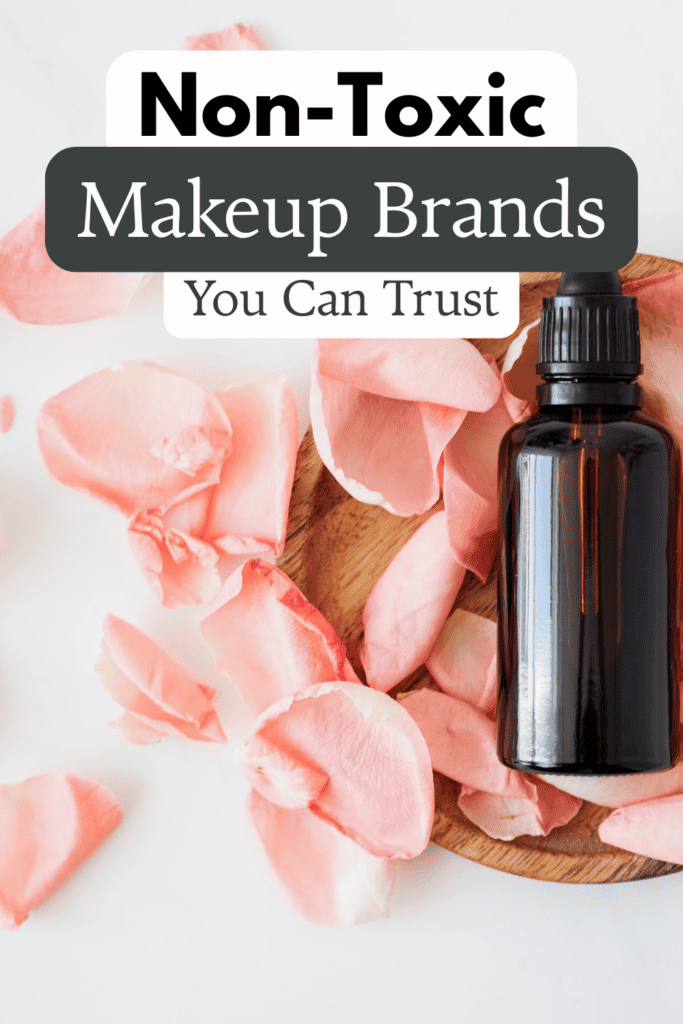 collection of non toxic makeup brands arranged on a vanity