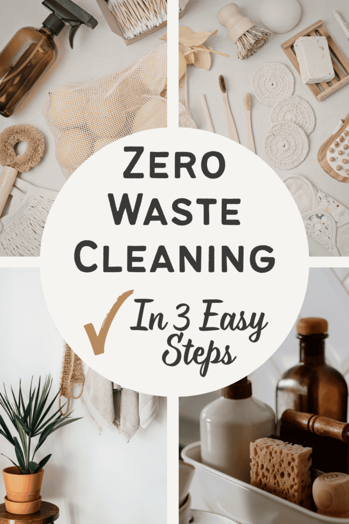 zero waste cleaning supplies arranged on a wooden shelf