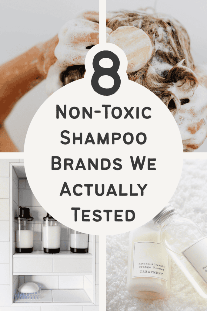 bottles of non toxic shampoo and conditioner in a shower caddy