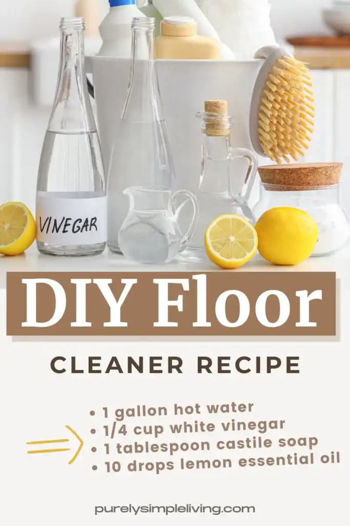 DIY floor cleaner recipe card with vinegar, castile soap, lemon essential oil, and warm water on a bright kitchen counter