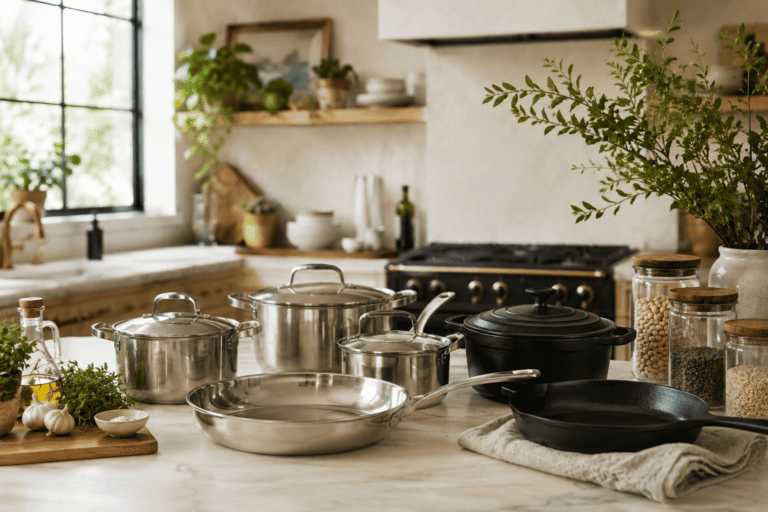 Stainless steel cookware collection displayed on a kitchen countertop with natural light.