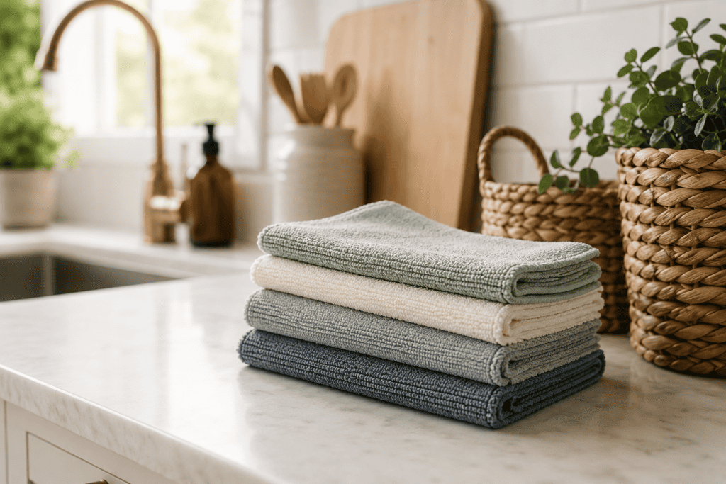 Set of eco-friendly, non-toxic kitchen towels stacked on a marble countertop.