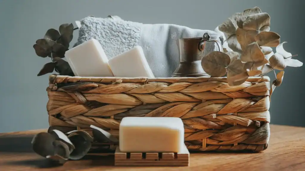 Natural non-toxic cleaning products in a gift basket for eco-friendly home care.