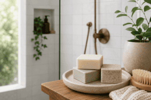 Natural handmade soap bars on a wooden tray in a minimalist bathroom setting.