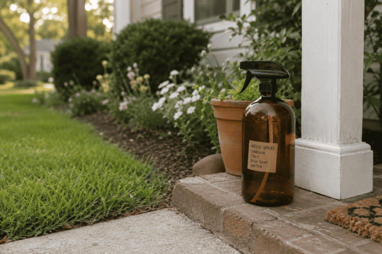 homemade natural weedkillers spray in a bottle on a porch
