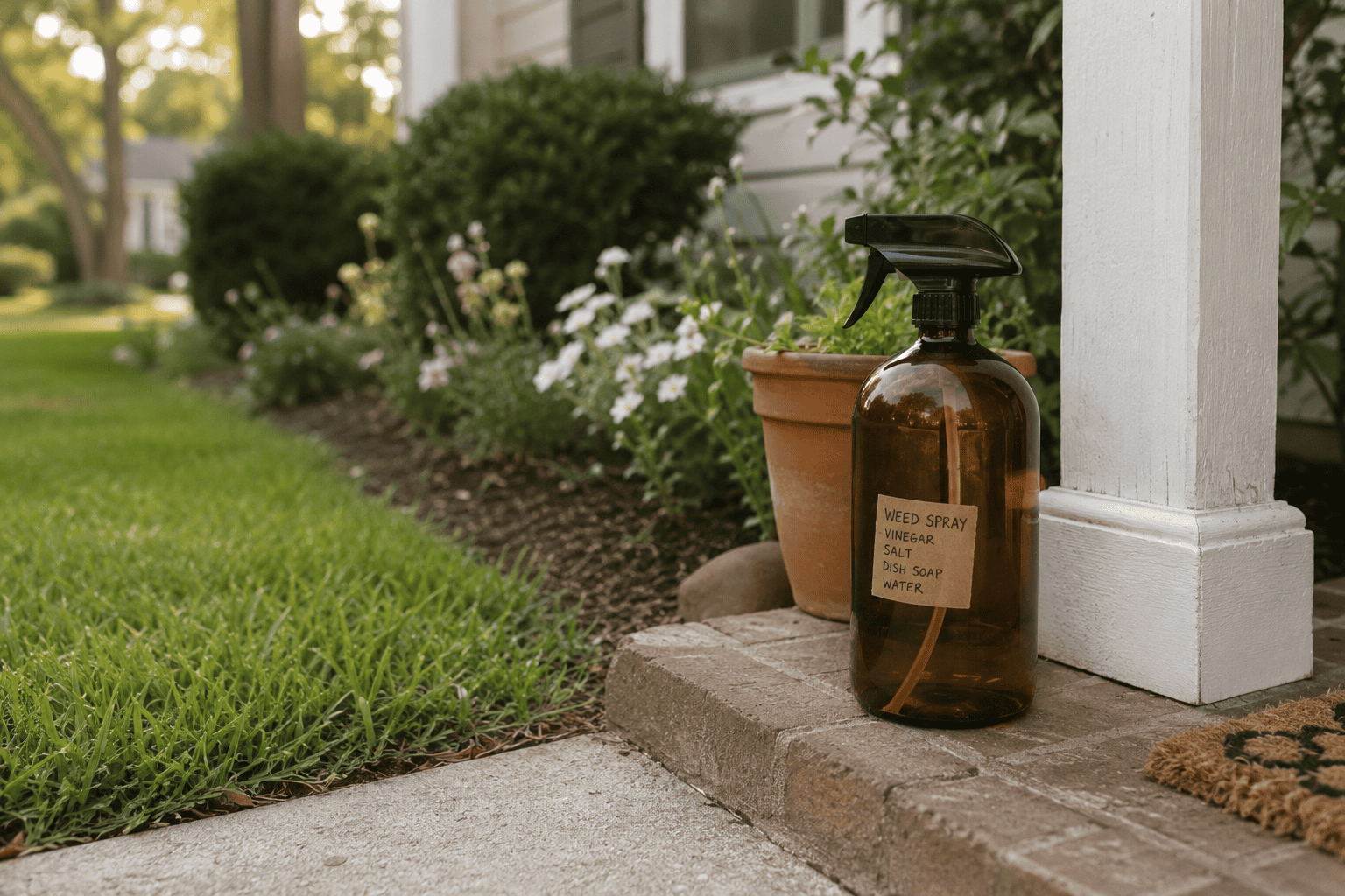 homemade natural weedkillers spray in a bottle on a porch