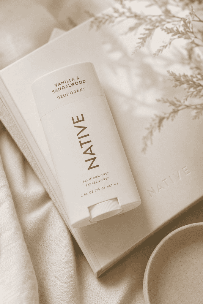 Natural vanilla and sandalwood deodorant in eco-friendly packaging.