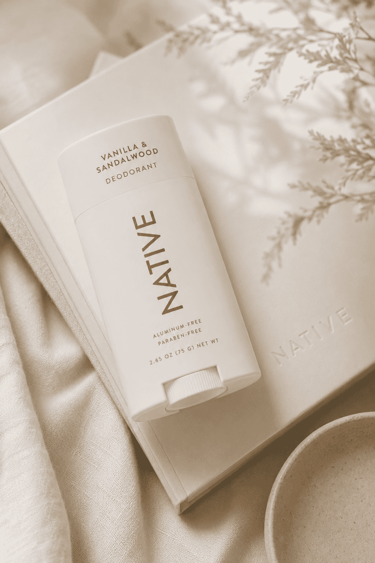 Natural vanilla and sandalwood deodorant in eco-friendly packaging.