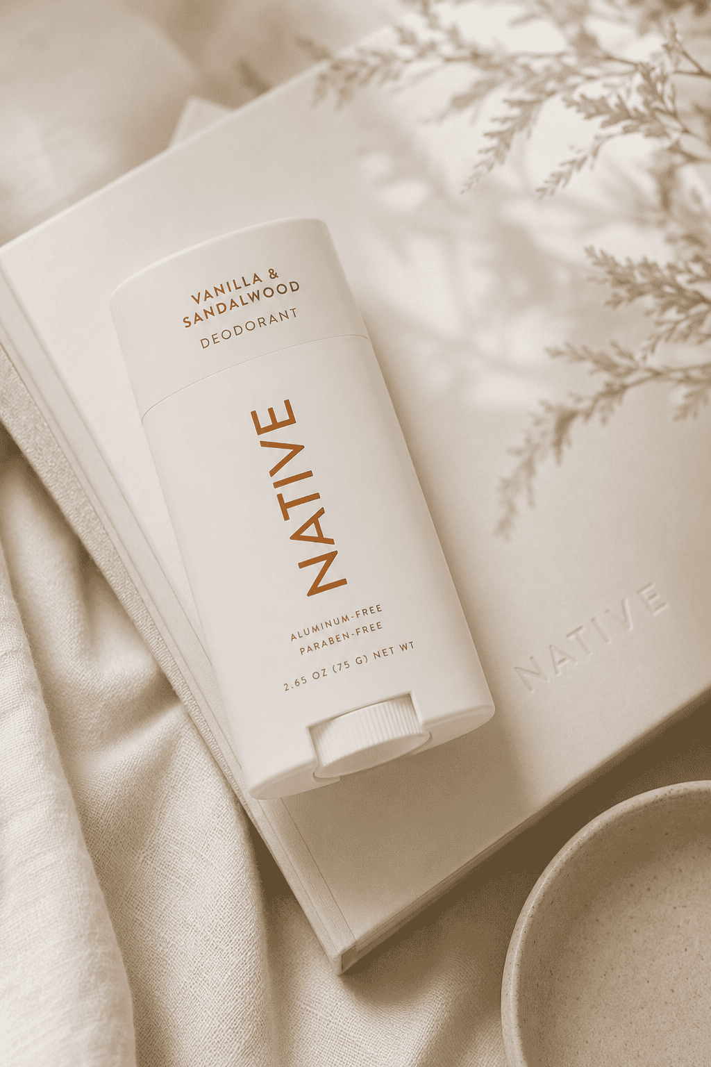 Natural vanilla and sandalwood deodorant in eco-friendly packaging.