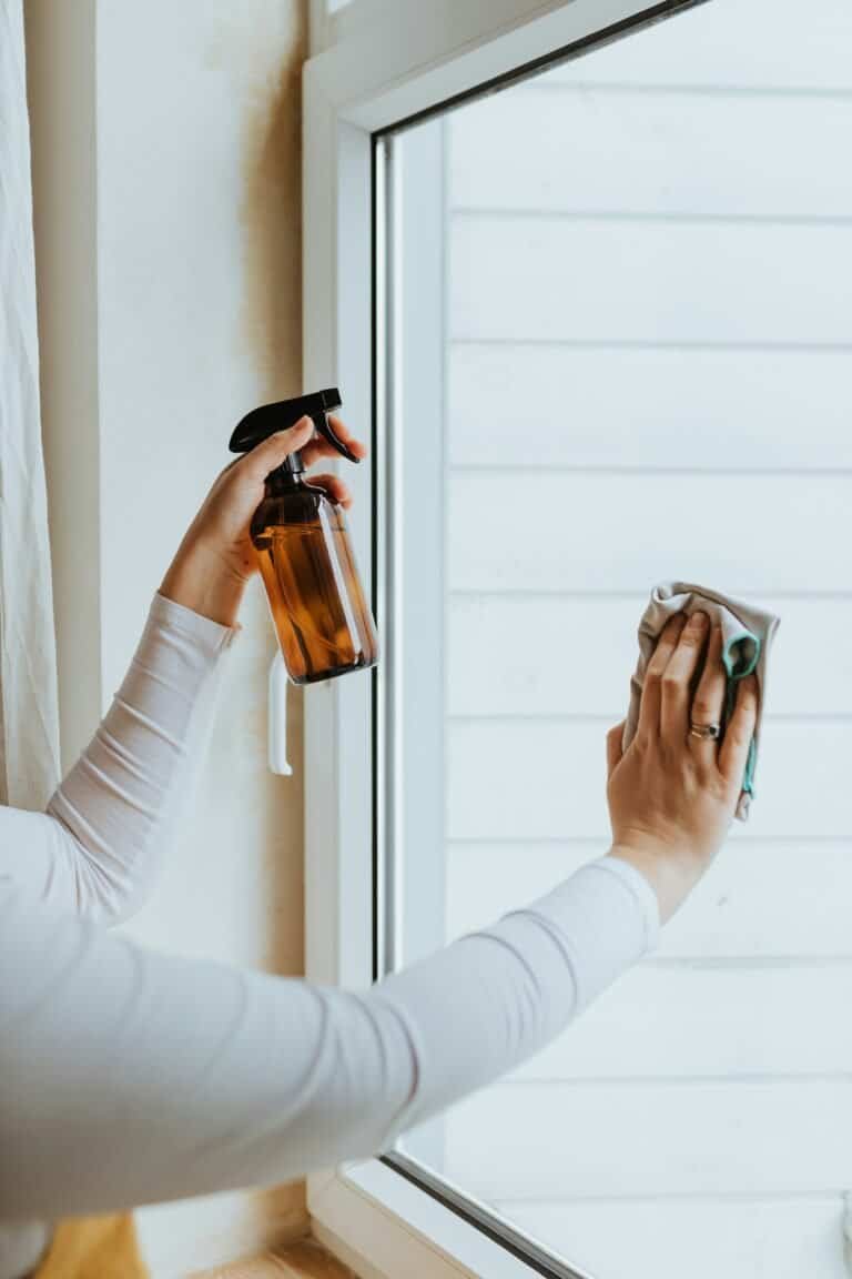 Person cleaning window with spray bottle and cloth for streak-free shine.