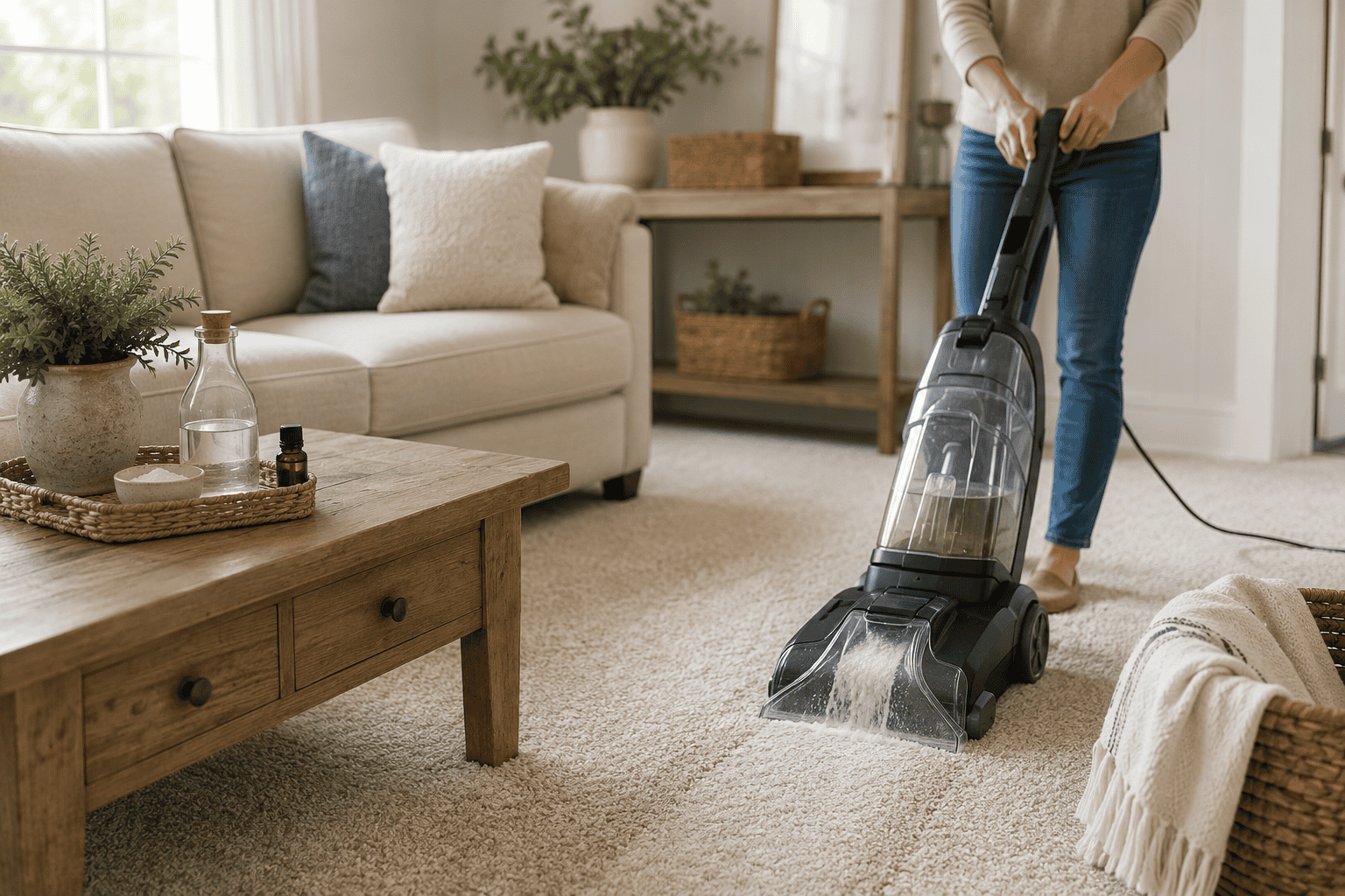 Woman vacuuming a cozy living room with a modern vacuum cleaner.
