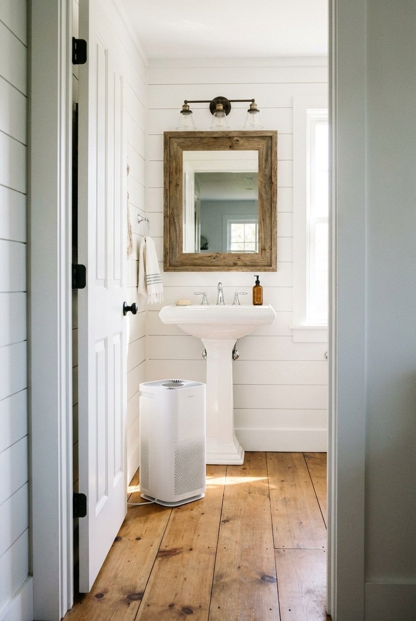 Air purifier by the doorway of a freshly renovated farmhouse bathroom