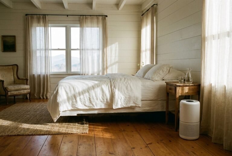 Air purifier running in a bright farmhouse bedroom beside a wooden nightstand