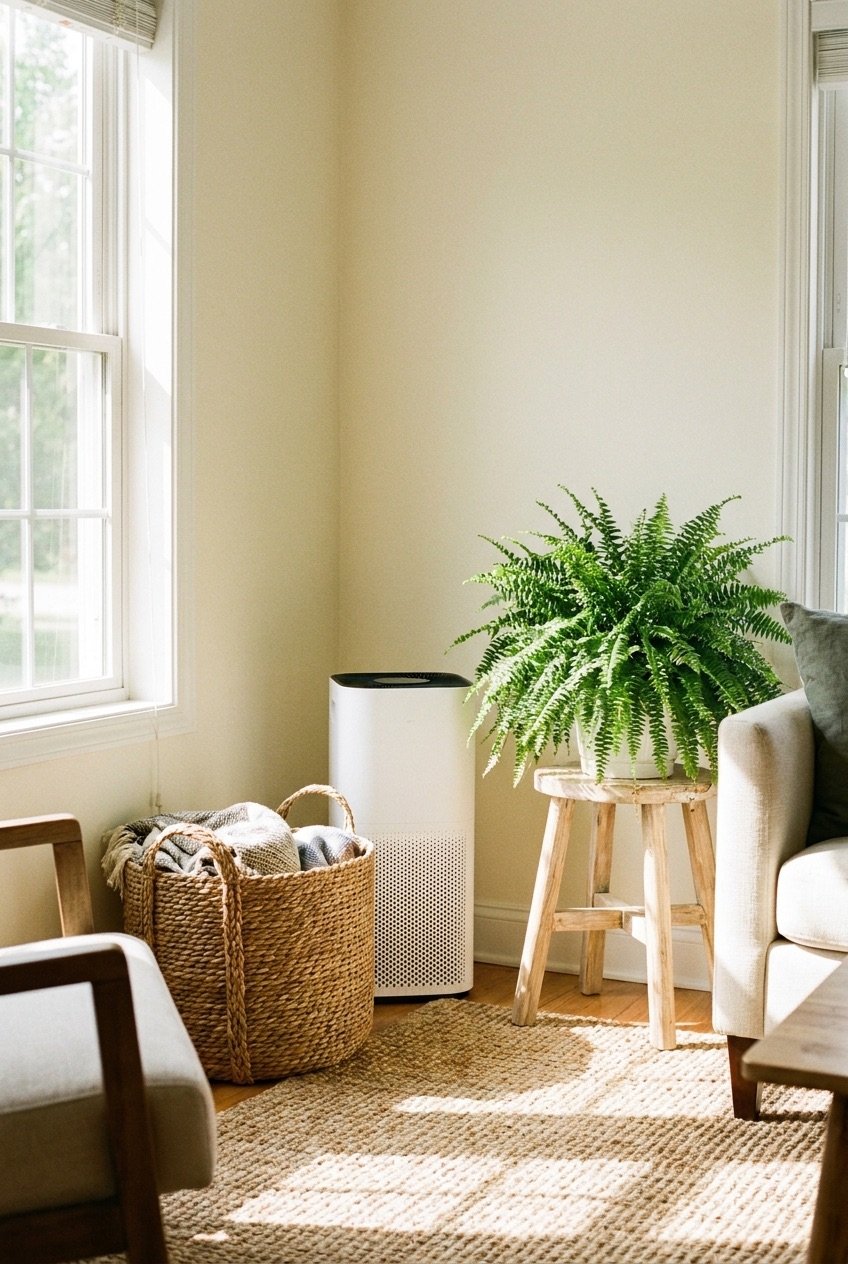 White air purifier in a sunlit living room corner next to a woven basket and a fern