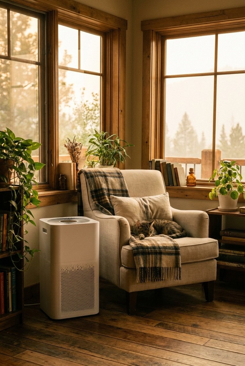 Air purifier running by the window during smoky fire season, armchair with a wool throw