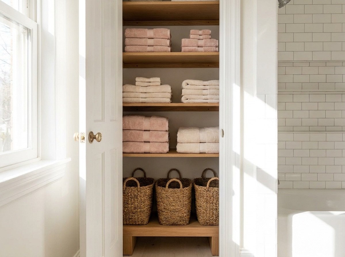 bathroom linen closet organization with baskets raised off the floor
