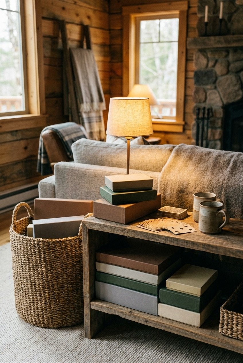 Woven basket of board games and playing cards with mugs, cozy cabin decor vignette