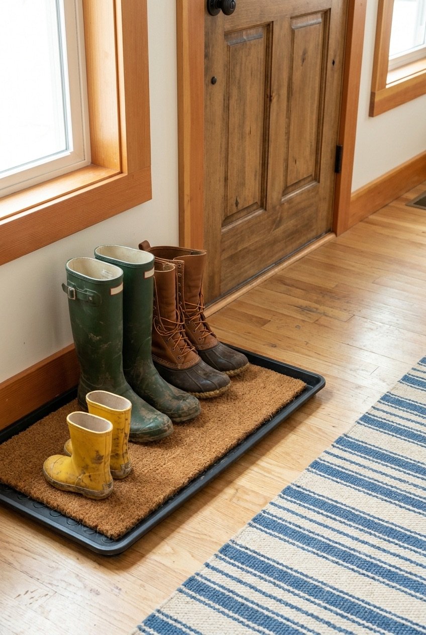 Boot tray with coir insert holding muddy rain boots by the front door