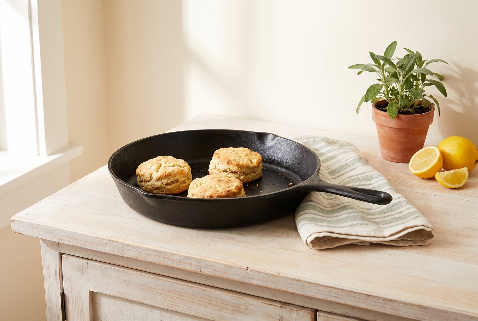 Seasoned cast iron non-toxic baking pan with fresh biscuits, a pan that lasts for decades