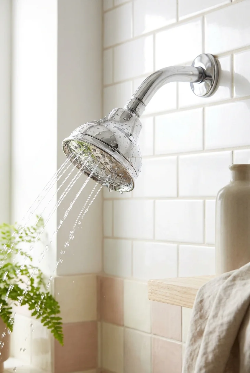 Sparkling clean chrome shower head with a straight, even spray after a vinegar soak