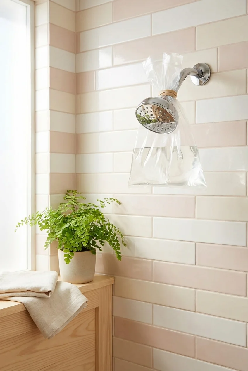 Clear bag of white vinegar tied over a chrome shower head to clean it without removing it