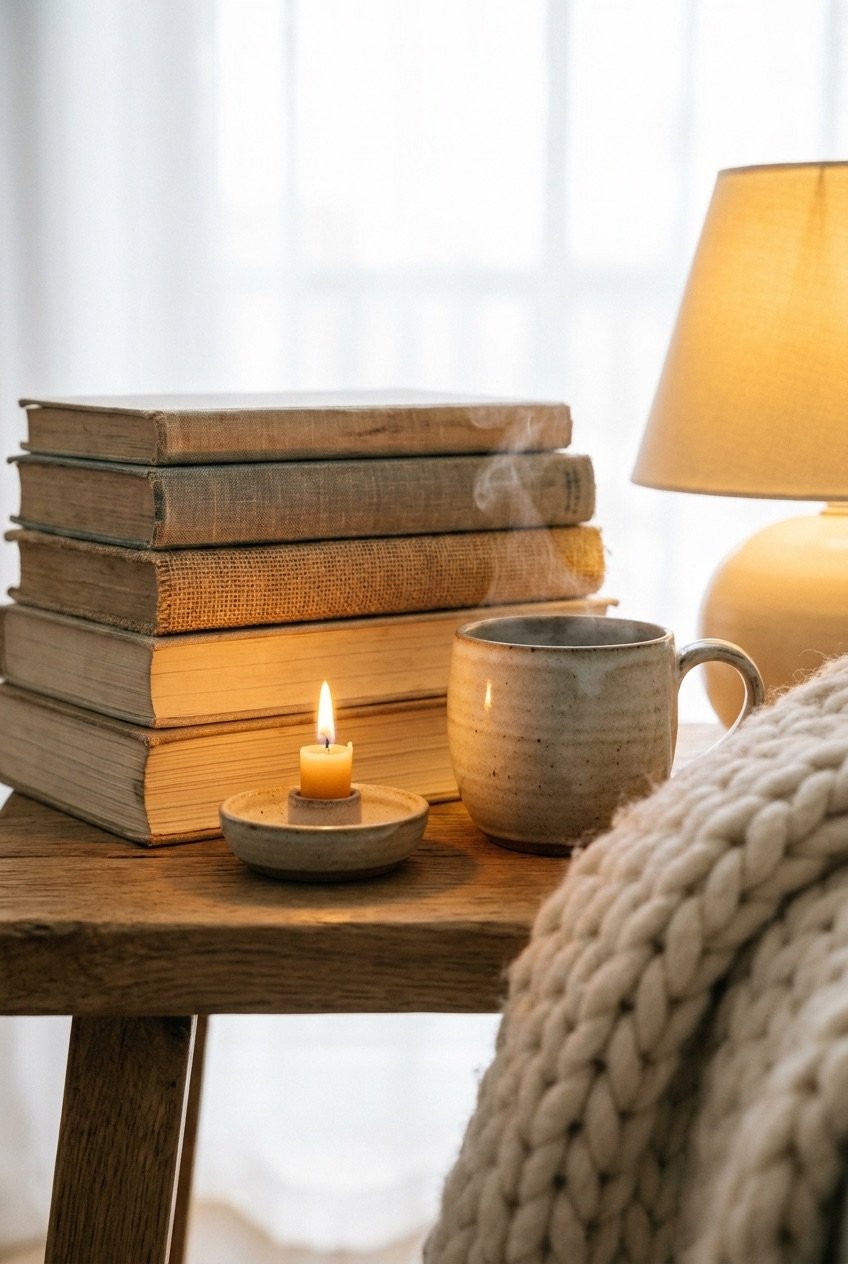 Cozy reading nook vignette with book stack, steaming mug, and beeswax candle