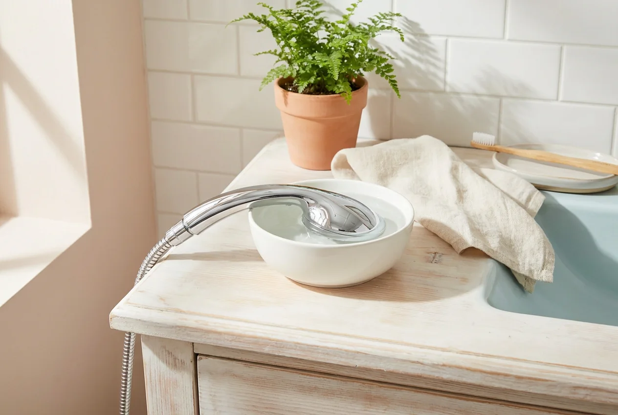 Chrome shower head soaking in a bowl of white vinegar to descale hard water buildup