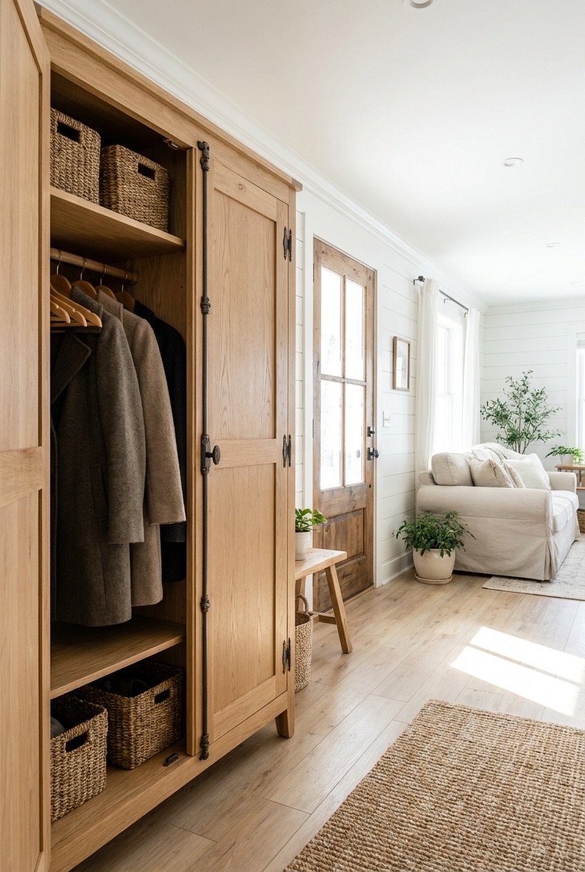 Solid wood armoire used as closed mudroom storage beside a front door