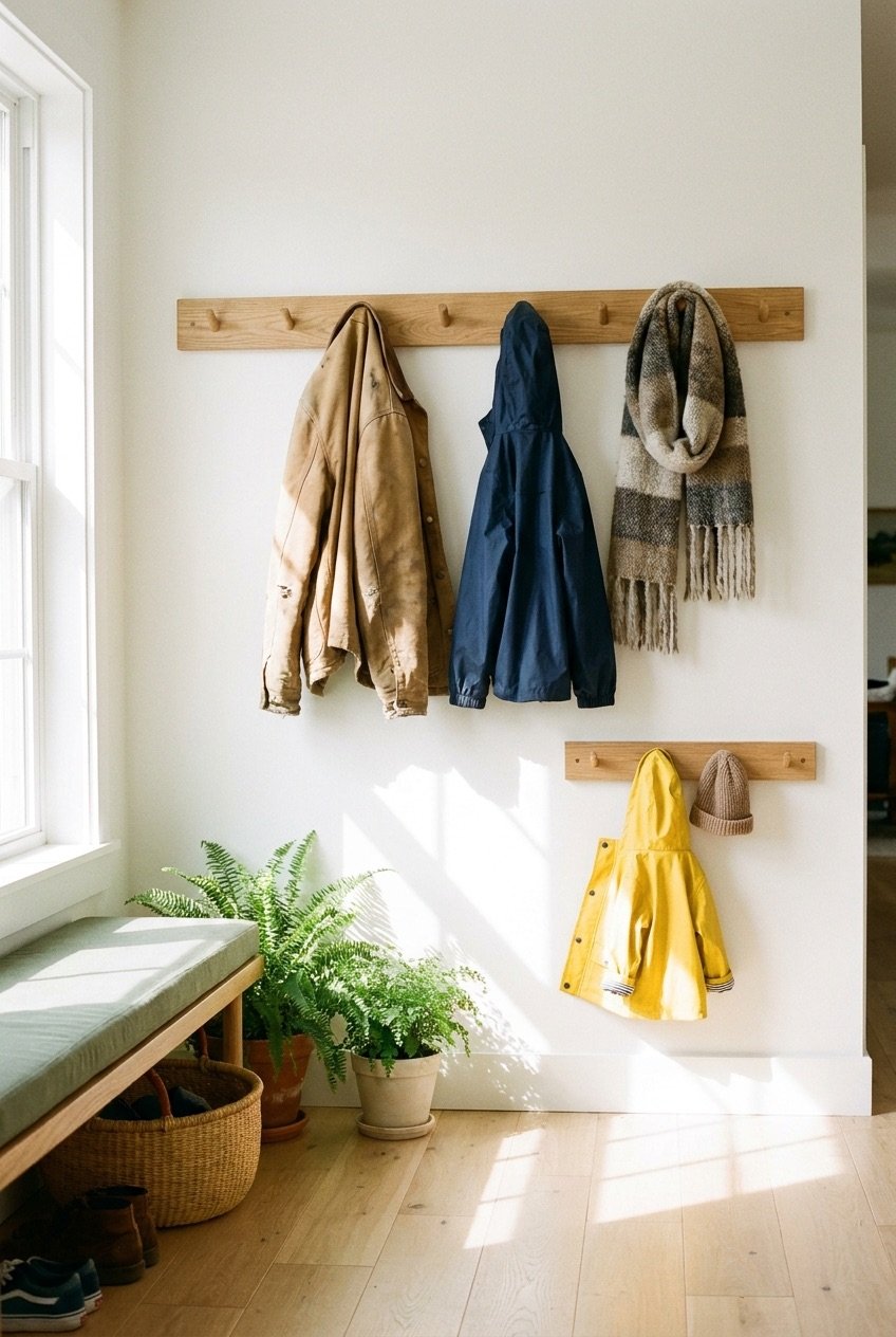 Wood peg rail with a lower row of kid-height hooks in an entryway