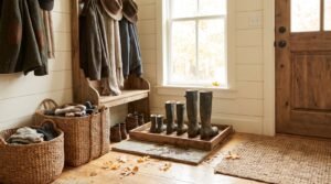 simple fall decor boot station with a wooden boot tray, hall tree, and baskets for gloves and hats
