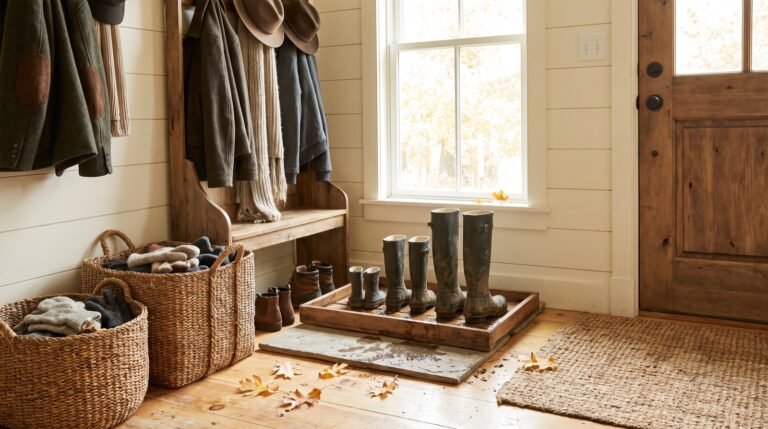 simple fall decor boot station with a wooden boot tray, hall tree, and baskets for gloves and hats