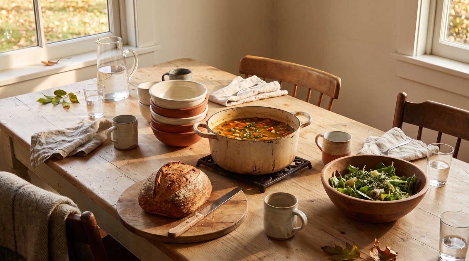 fall soup party table with a pot of soup, stacked stoneware bowls, crusty bread, and salad