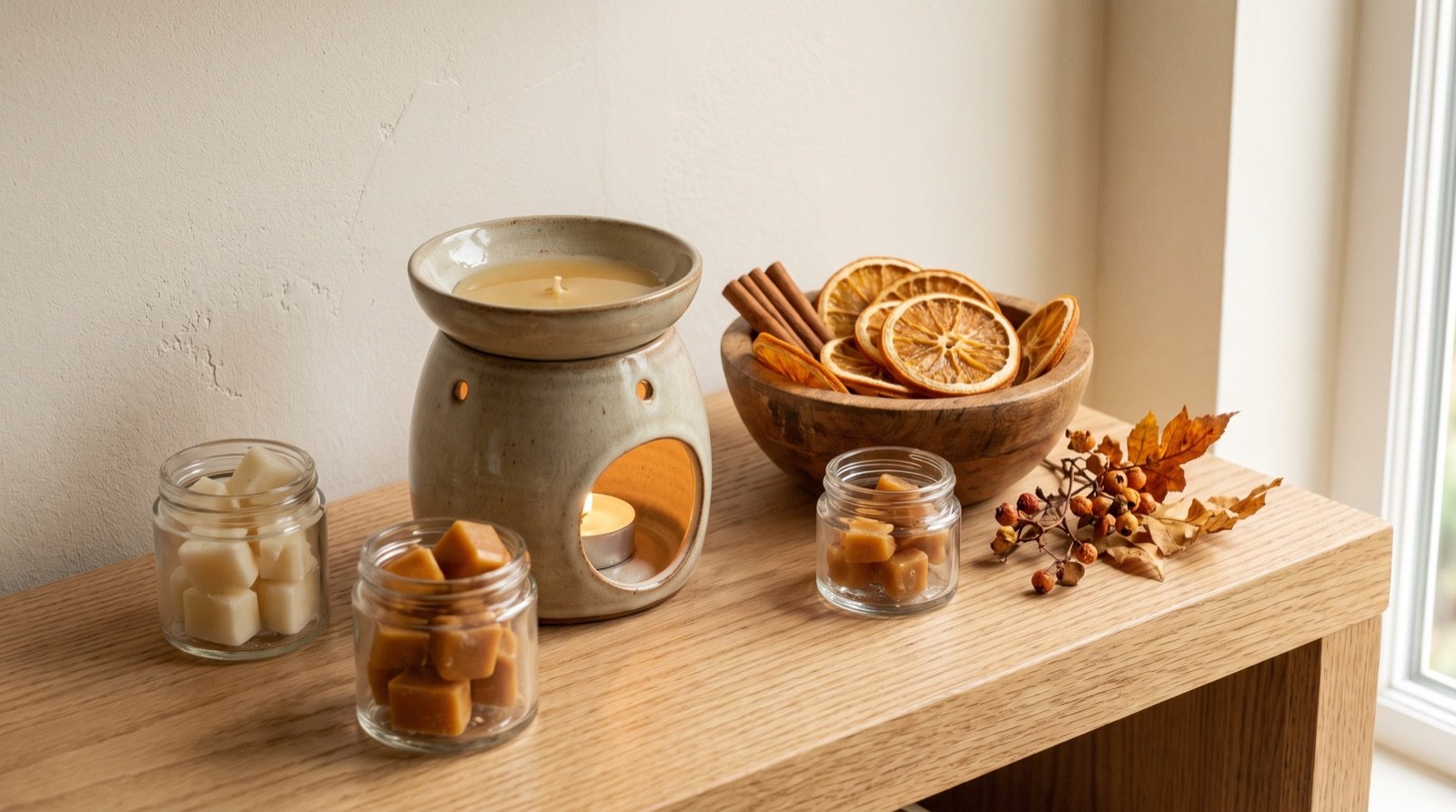 fall wax melt warmer with glass jars of toxin-free wax melts, dried oranges, and cinnamon sticks