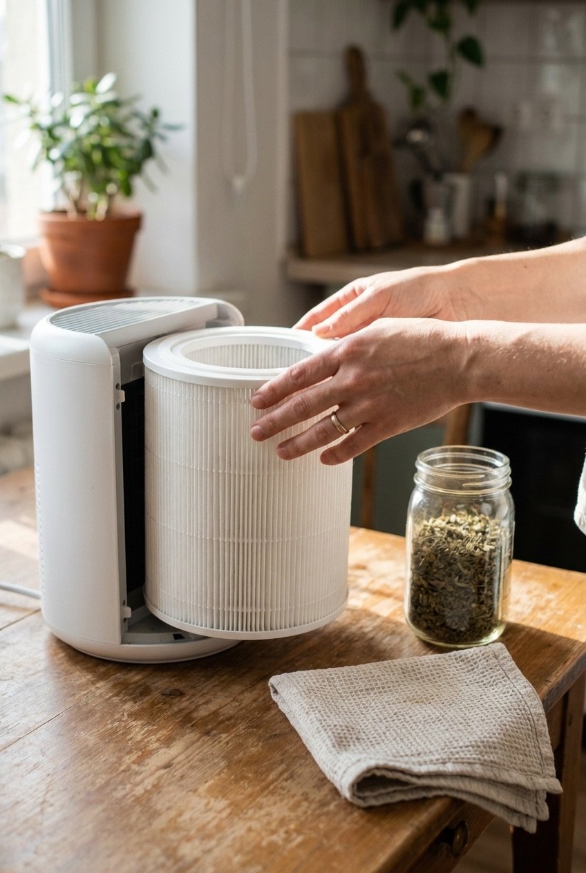 Hands replacing a round HEPA filter in a white air purifier