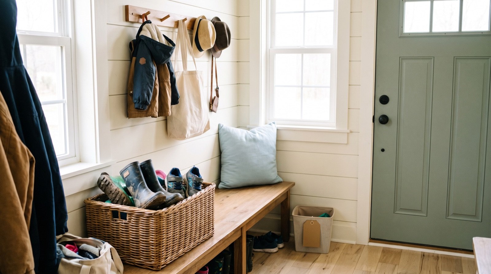 organized entryway drop zone with hooks, a bench, and a shoe basket by the front door