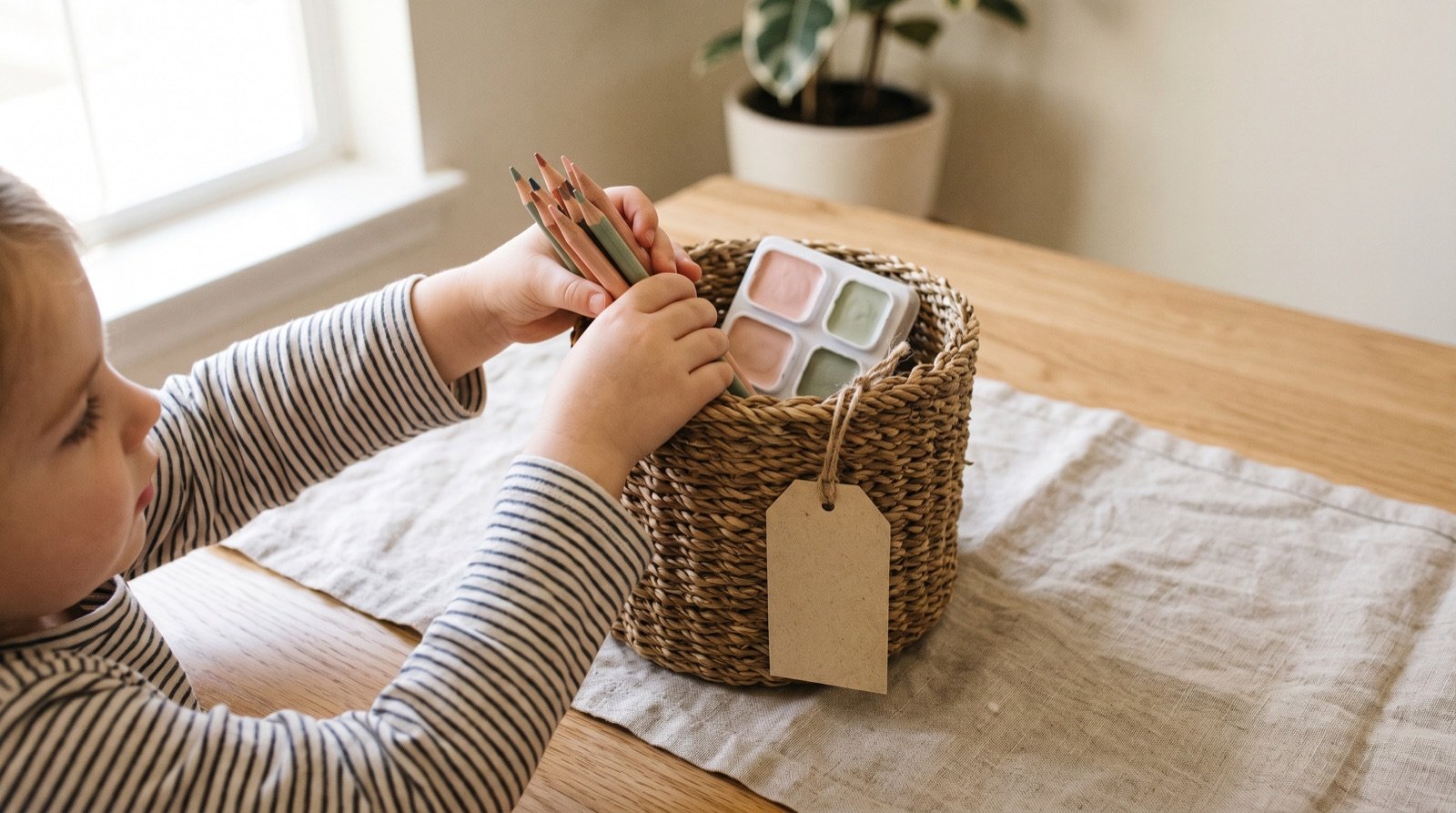 child putting art supplies back into a labeled woven organization bin on a homeschool table