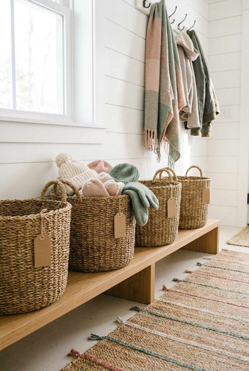 Labeled woven baskets holding hats and mittens on an entryway bench