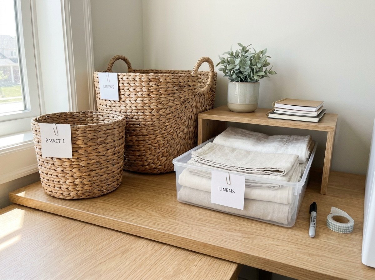 natural fiber baskets and clear bins for linen closet organization
