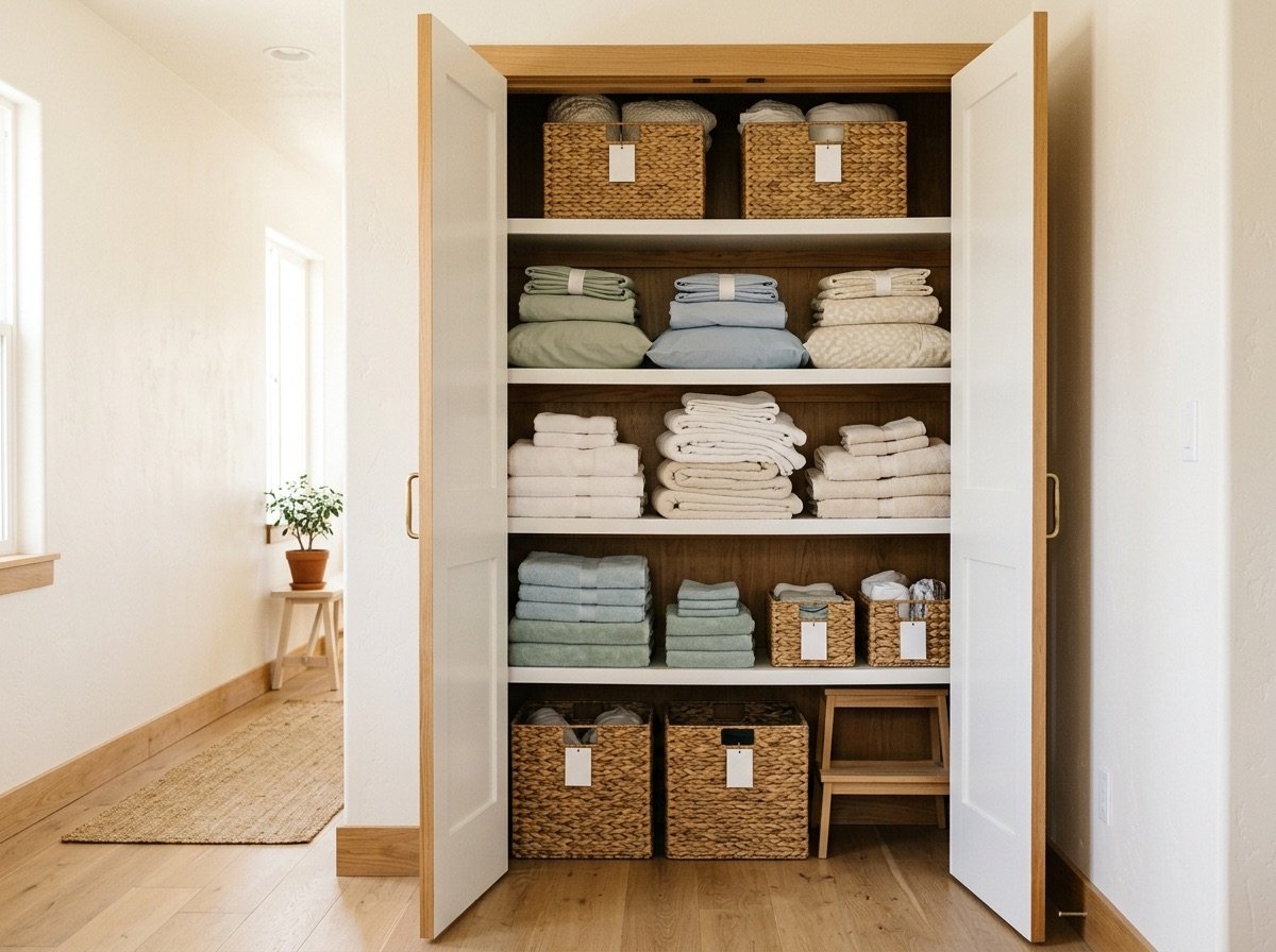 linen closet organization ideas with a zone system, every shelf one job