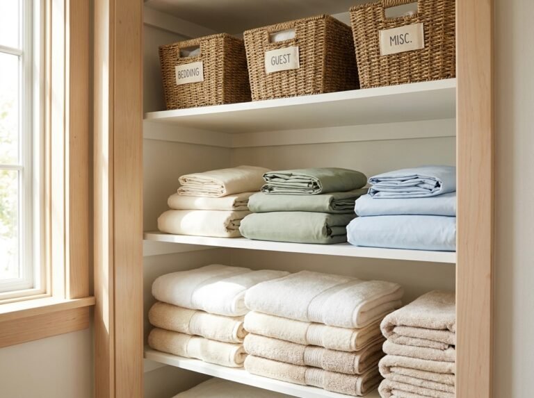 linen closet shelves organized by zone with sheet sets folded into pillowcases