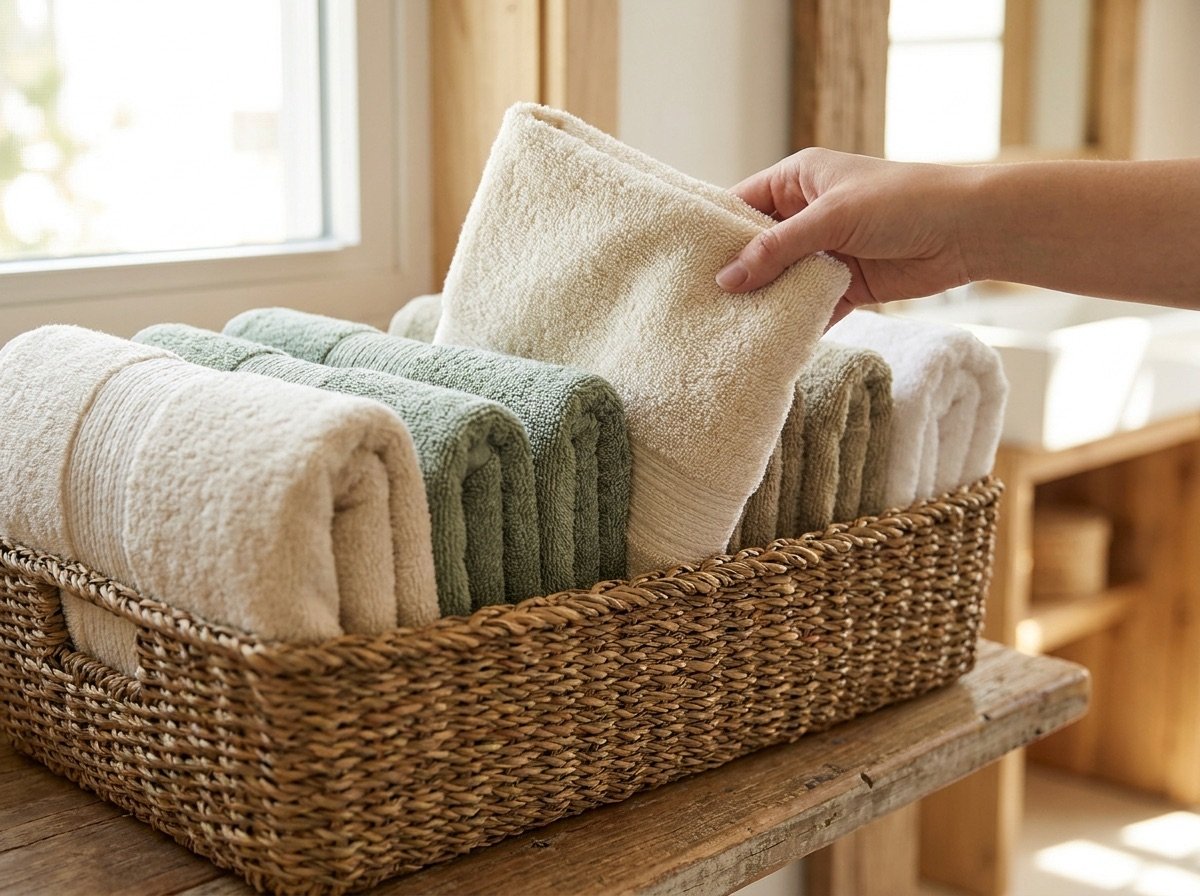 linen closet towel organization with towels filed on edge in a basket