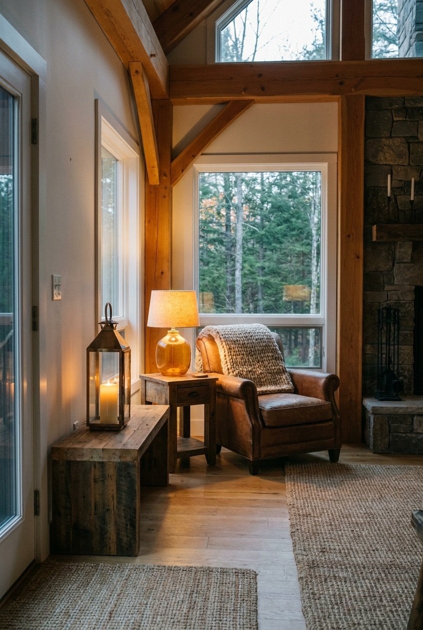 Warm lodge lighting corner with amber lamp, candle lantern, and reading chair at dusk