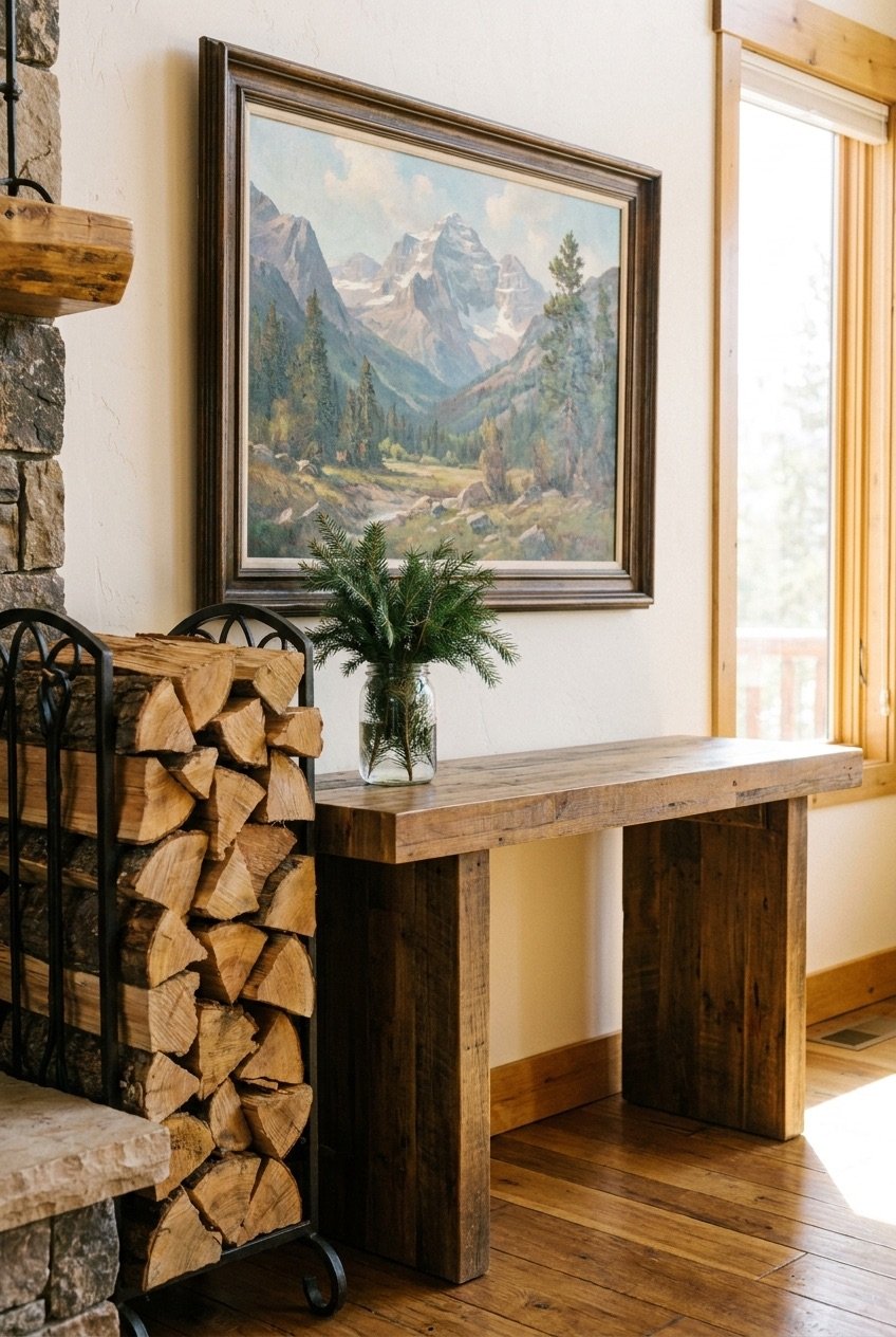 Framed mountain landscape art above a wood console with a firewood rack