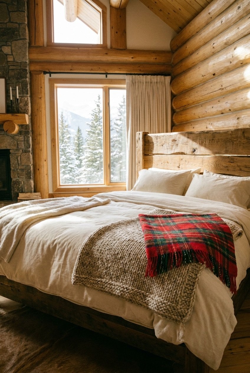 Mountain lodge bedroom with flannel bedding, chunky knit blanket, and plaid wool throw