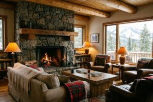 Mountain lodge decor living room with stone fireplace, wood beams, and layered wool throws