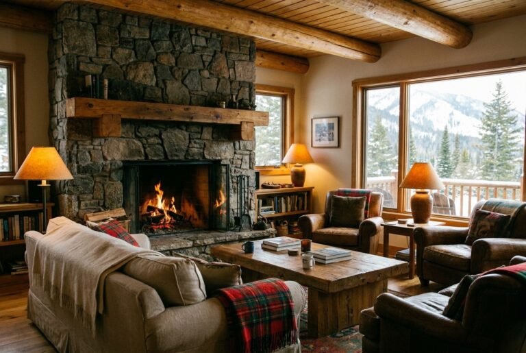 Mountain lodge decor living room with stone fireplace, wood beams, and layered wool throws