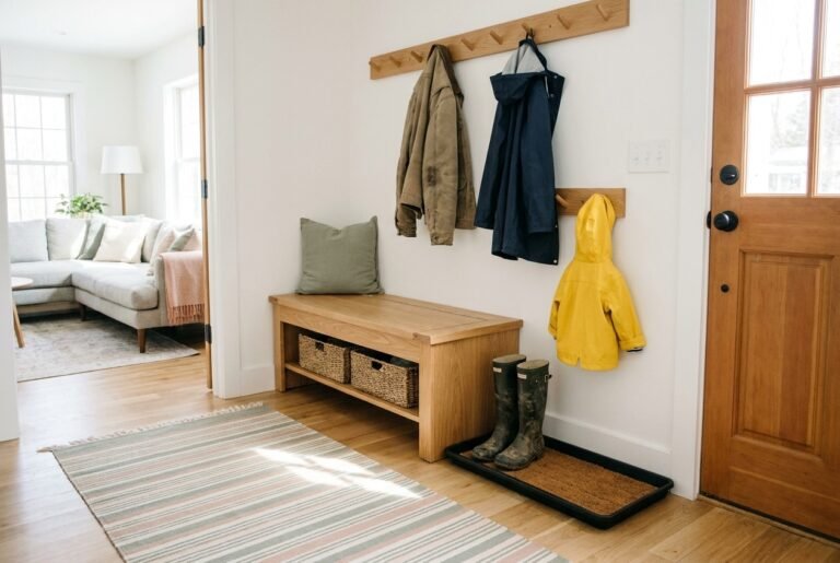Mudroom ideas for homes without a mudroom: bench, hooks, and boot tray along one entryway wall