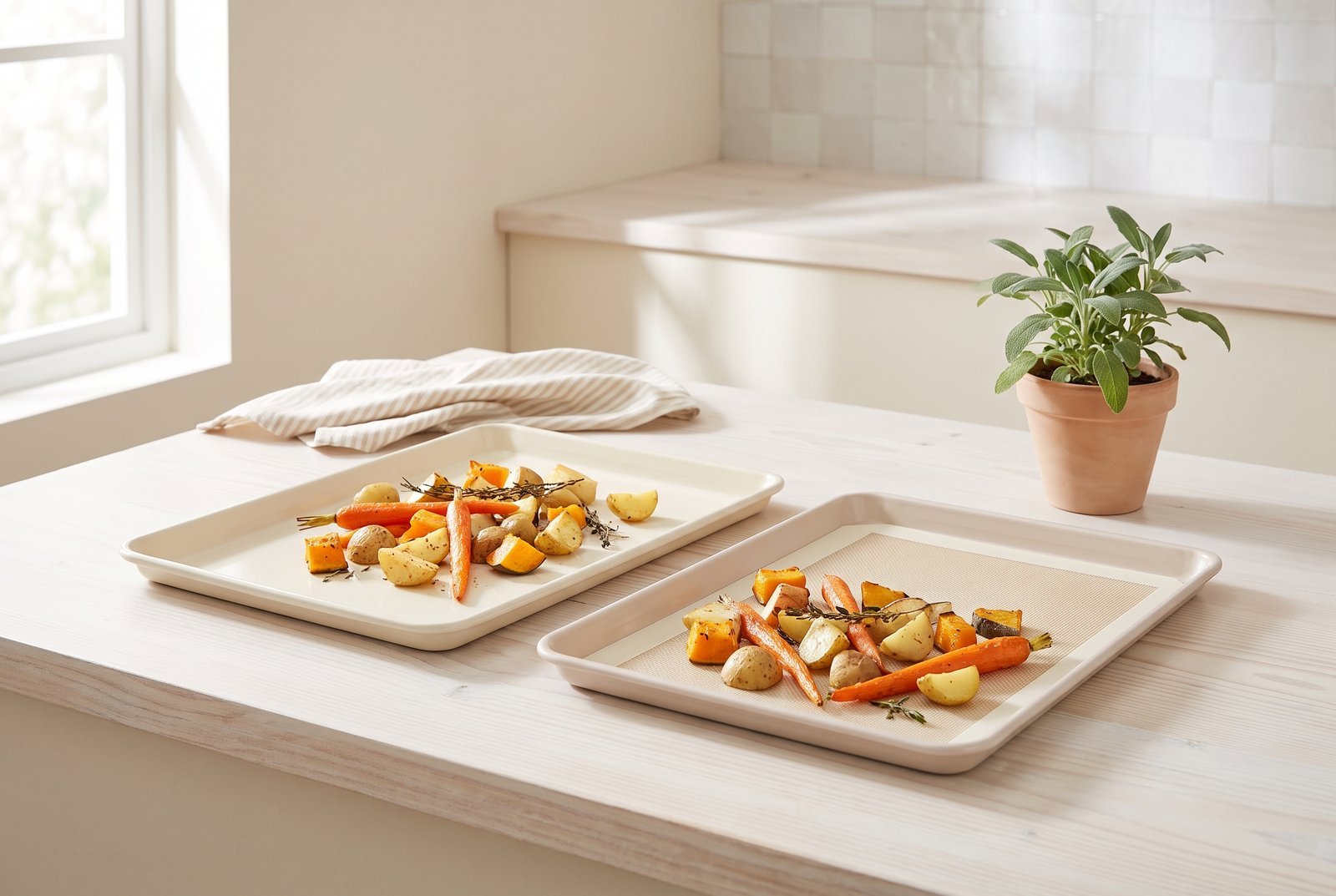 Ceramic-coated non-toxic baking sheet with roasted vegetables releasing cleanly, no Teflon