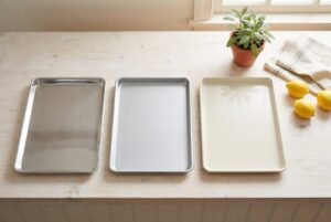 Non-toxic baking sheets ranked by material: stainless steel, aluminum, and ceramic-coated sheets on a light wood counter