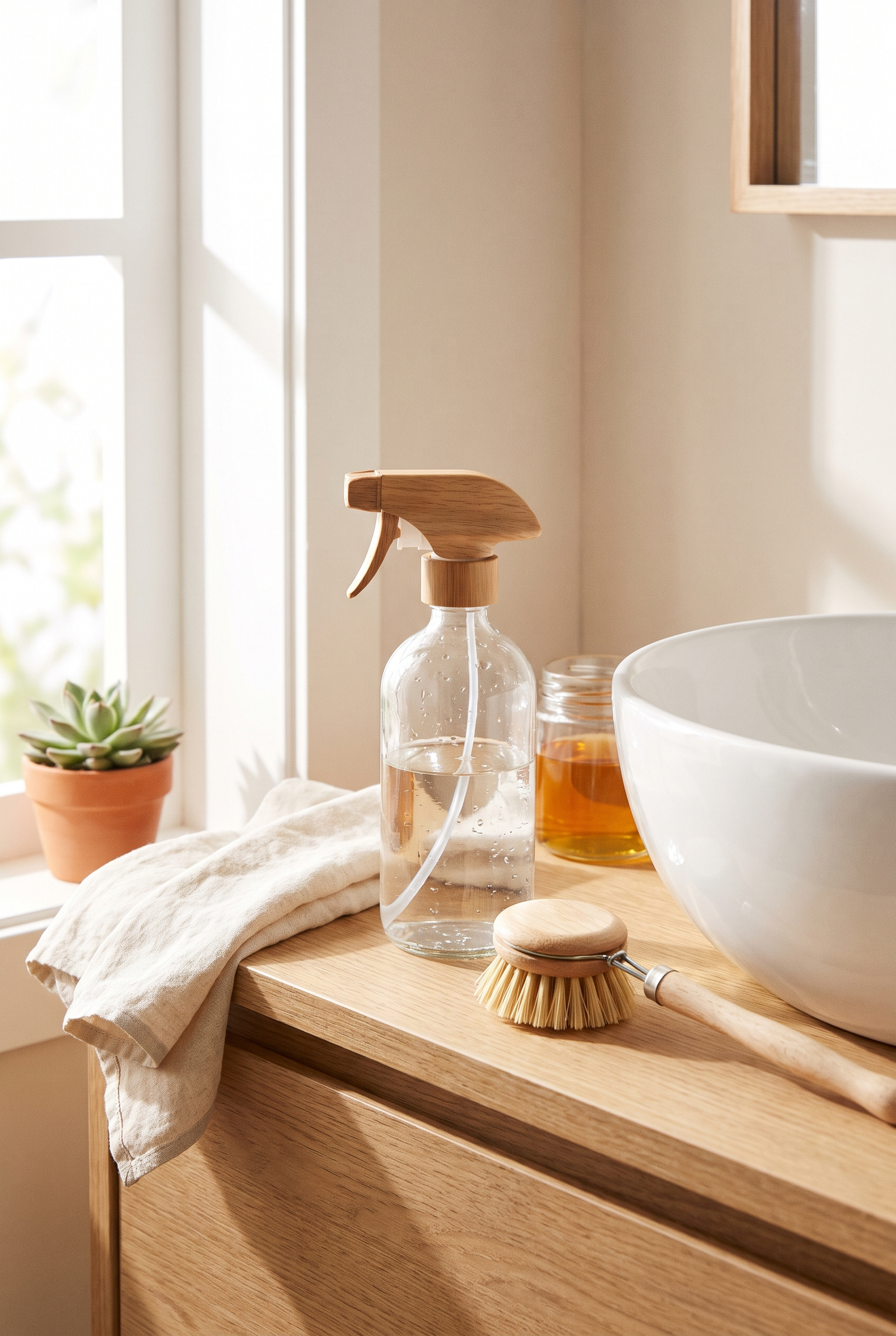 non-toxic bathroom cleaning supplies on vanity